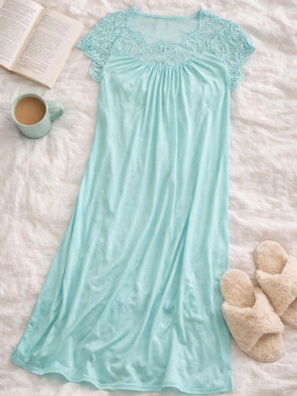 Cozee Corner Nightgown M Aqua Lace Trim Sleep Dress Soft Lounge